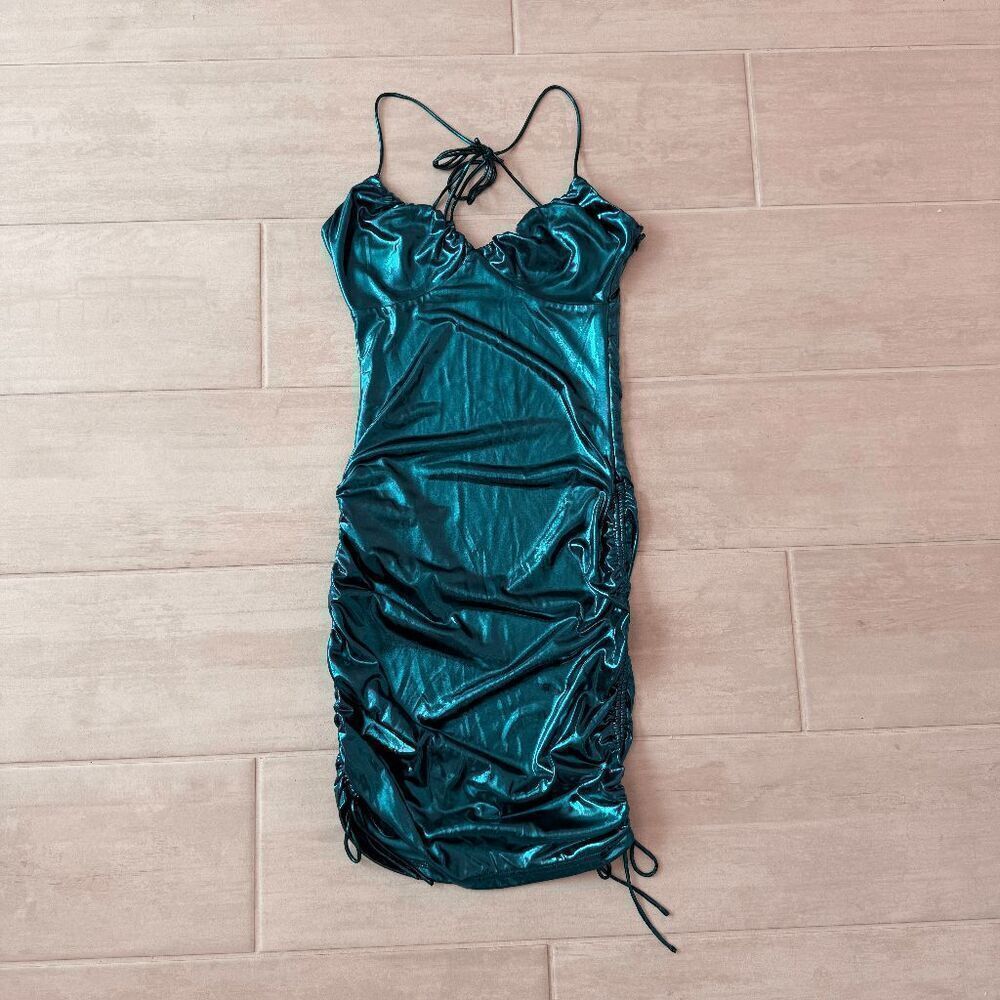 Superdown Manuela Ruched Metallic Teal Mini Dress Size Bodycon Disco Party Small